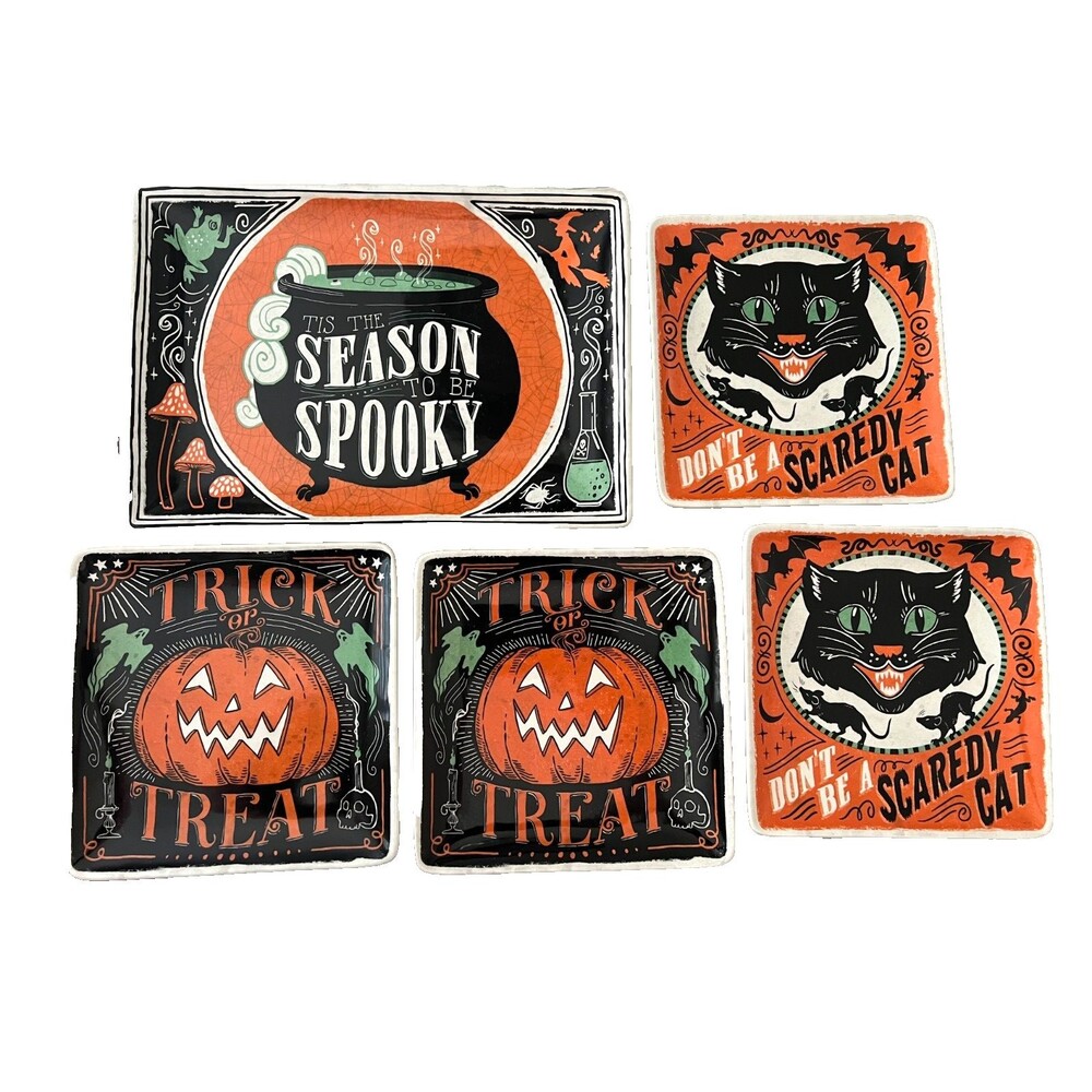 Certified Intl Halloween 5pc Platter Tray & Plates Set Party Cat Pumpkin Witchy